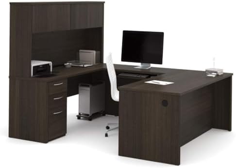 Pemberly Row 71" U-Shaped Computer Desk with Hutch, Dark Chocolate Finish, Melamine and High-Density Particle Board, Reversible Design