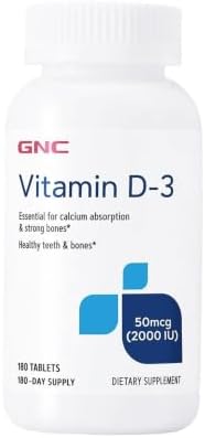 GNC Vitamin D3 50mcg Supplement, 2000 IU, Supports Teeth and Bone Health,180 Servings