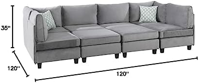 Lilola Home Simona 120-inch Modular Sectional Sofa, Gray Velvet 8-Piece U-Shaped Couch with 2 Ottomans & Accent Pillows