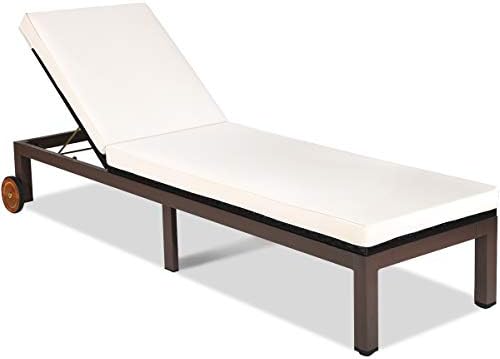 Tangkula Patio Chaise Lounge Chair, Outdoor Rattan Lounger Recliner Chair with Wheels, Wicker Chaise Chair W/Cushioned Seating