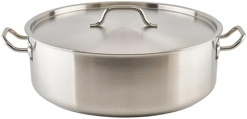 Winco 15 qt Stainless Steel Brazier Pan with Lid | Flat bottom, Wide base, Riveted handles, Induction safe, Great for Braising, Simmering, Batch Cooking and Restaurant Kitchens