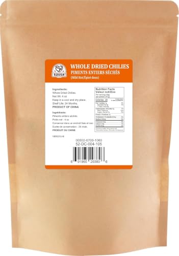 52USA Dried Chilli Peppers, Whole Dried Chilies 4 oz, Mild Spicy Chili Peppers, 100% Natural & Premium Sichuan Red Dry Chilis, Red Chili Peppers