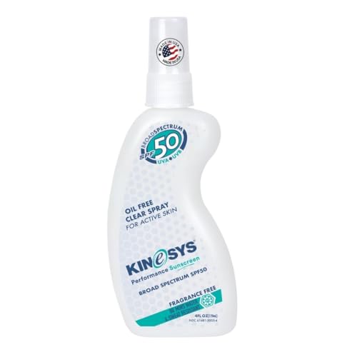 KINeSYS Fragrance Free Clear Spray Sunscreen for sensitive skin, SPF 50, Hypoallergenic, Broad Spectrum UVA/UVB protection for Face & Body; PABA and Oxybenzone FREE, 700+ Sprays, 4 Fl Oz/120 mL