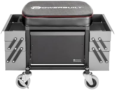 Powerbuilt 42-Inch Triplex Folding Creeper, Rolling Seat, and Brake Stool, All-in-One Adjustable Roller Garage Chair, Lay Down or Sit, Black 620469