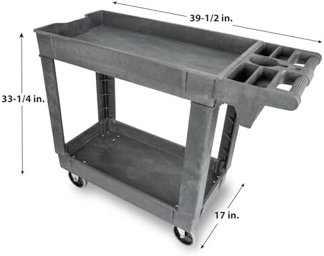 Performance Tool W54004 Two-Shelf Utility Cart with Locking Drawer | Red rolling tiered storage cart with wheels. 350 lb load capacity. Swivel casters. 28x16 inch deep shelves