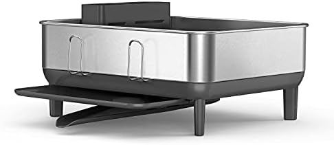 simplehuman Steel Frame Dishrack, Large Capacity Dish Drying Rack, 360º Easy Drain Swivel Spout, Utensil & Wine Glass Holder, Anti-Residue Coating