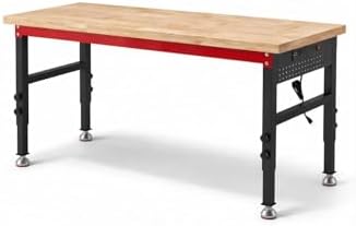 60" Heavy Duty Workbench, 2500 LBS Load Capacity Work Bench with 1.2" Laminated Oak Wood Top & Reinforced Steel Frame, Adjustable Height Work Table for Garage, Workshop, Office, Home (Casters)