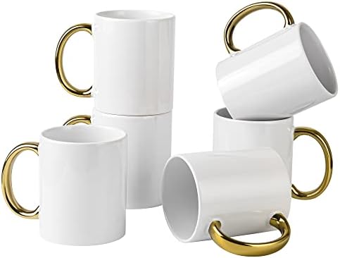 BYCNZB 12 oz Set of 6 White Mugs Sublimation Blank Mugs DIY Coated Ceramic Mugs for Coffee Tea, latte, Cappuccino Cocoa or DIY Gifts White/Gold