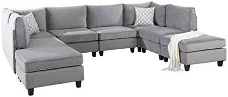 Lilola Home Simona 120-inch Modular Sectional Sofa, Gray Velvet 8-Piece U-Shaped Couch with 2 Ottomans & Accent Pillows