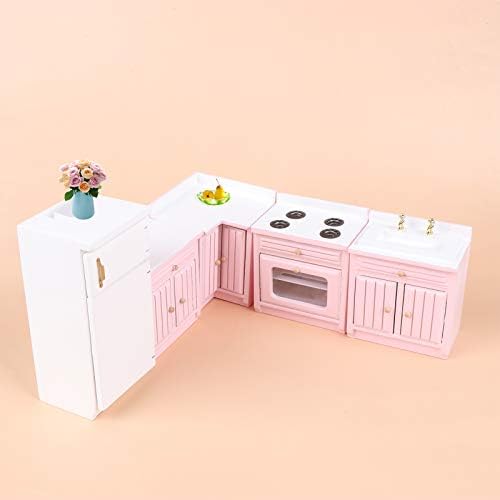 1:12 Scale Dollhouse Kitchen Furniture Set, 5 Piece Wooden Miniature Kitchen Accessories with Cabinet, Fridge, Sink, Corner Cabinet