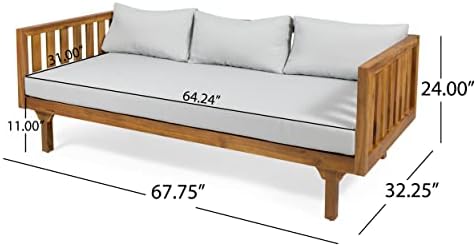 Christopher Knight Home Tina Outdoor 3 Seater Acacia Wood Daybed, Teak Finish, Light Grey