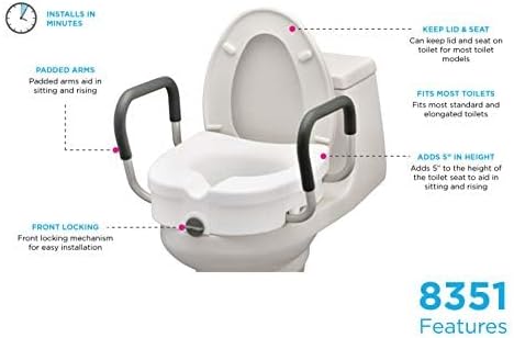 NOVA Toilet Seat Riser with Arms – Adds 5” Height, Raised Toilet Seat with ON/Off Front Lock, Adjustable & Removable Padded Arms (17.75”–20”), 300 lb Capacity, Safety Aid for Seniors