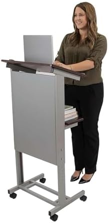Stand Up Adjustable Height Lectern Podium | Rolling Desk with Storage Shelf | Ergonomic Standing Desk Frame for Office, Classroom, Laptop, Teaching, Presentations & More (Dark Walnut)