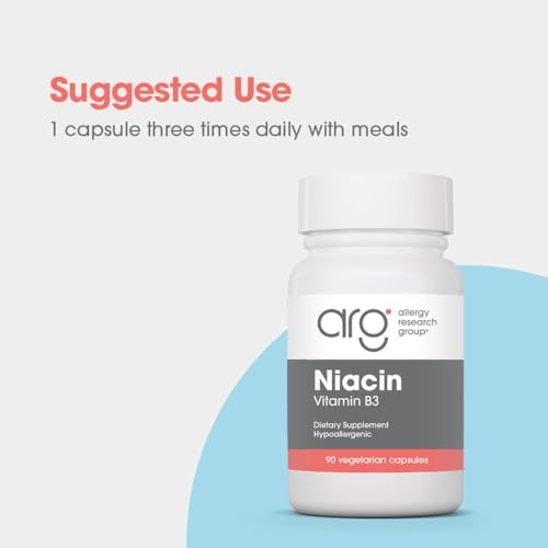 Allergy Research Group ARG Niacin with Vitamin B3-250 mg Niacin - Energy Metabolism & NAD Support - Cardiovascular Wellness - Hypoallergenic &