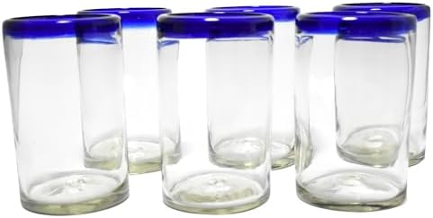 MAREY Hand Blown Drinking Glasses Artisan Crafted from Mexico Set of 6 pieces (Cobalt Blue Rim, Water 16 Oz.)
