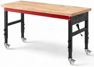 60" Heavy Duty Workbench, 2500 LBS Load Capacity Work Bench with 1.2" Laminated Oak Wood Top & Reinforced Steel Frame, Adjustable Height Work Table for Garage, Workshop, Office, Home (Casters)
