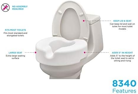 NOVA Toilet Seat Riser with Arms – Adds 5” Height, Raised Toilet Seat with ON/Off Front Lock, Adjustable & Removable Padded Arms (17.75”–20”), 300 lb Capacity, Safety Aid for Seniors