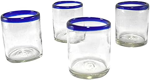 MAREY Hand Blown Drinking Glasses Artisan Crafted from Mexico Set of 6 pieces (Cobalt Blue Rim, Water 16 Oz.)