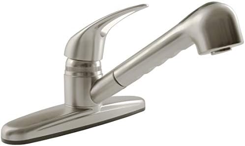 Dura Faucet DF-PK100-SN RV Pull-Out Kitchen Sink Faucet (Satin Nickel) | Corrosion-resistant single-lever build with sprayer. Brushed Satin Nickel. Plated ABS plastic (not metal).