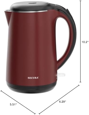 Secura Original Stainless Steel Double Wall Electric Water Kettle 1.8 Quart with Auto Shut-Off & Boil-Dry Protection, Red SWK-1701DR/HB-3227B