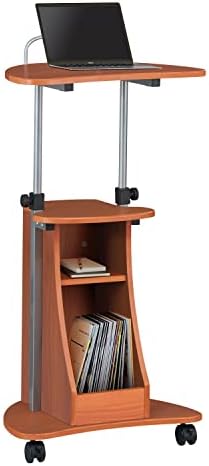 Techni Mobili Adjustable Height Rolling Laptop Cart with Storage, Graphite | Adjustable height rolling laptop cart with storage drawer, open shelf, wheels, sit‑stand design for office or medical use