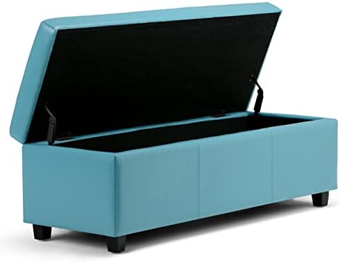 SIMPLIHOME Avalon 54" Wide Linen Look Fabric Storage Ottoman in Slate Grey | Contemporary lift-top ottoman with high-density foam