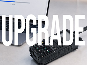 BF-F8HP PRO beside a laptop with bold UPGRADE text for charging, software, and firmware support.