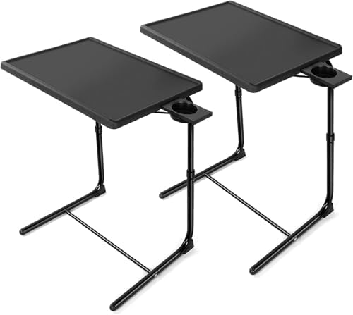 HUANUO TV Trays Set of 2, TV Tray with 6 Height & 3 Tilt Adjustments, Black | 21.53" - 28.74" Height Range, Foldable, Cup Holder