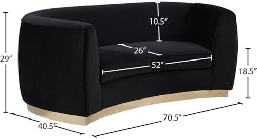 Meridian Furniture Julian Collection Modern | Contemporary Velvet Upholstered Loveseat with Stainless Steel Base in Rich Gold Finish, Black, 70" W x 34" D x 28" H