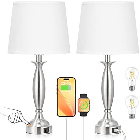 Bedroom Lamps for Nightstand, 3 Way Dimmable Silver Bedside Lamps with USB | Touch, USB C+A Ports, Bulb Included, White Shade, Silver, Chrome