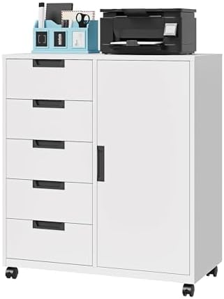5 Drawer Storage Cabinet, Mobile Printer Stand for Home Office,Dresser Chest with Shelves and Door(White)