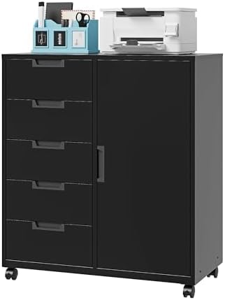 5 Drawer Storage Cabinet, Mobile Printer Stand for Home Office,Dresser Chest with Shelves and Door(White)