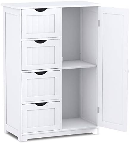 Giantex Storage Cabinet with 4 Drawers, Bathroom Storage Organizer with Cupboard, Adjustable Shelf, Anti-Toppling Device, Floor Cabinet, Entryway Storage Unit Console Table, White