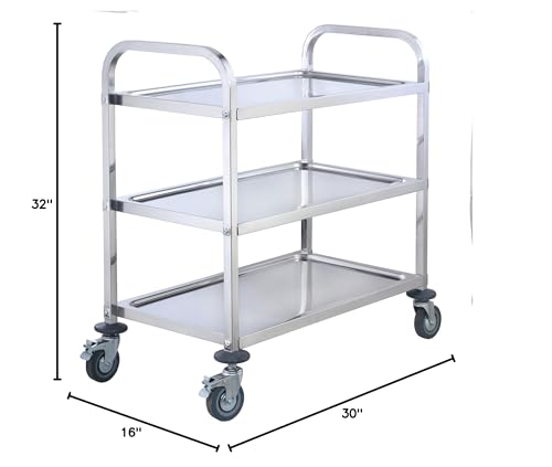 Stainless Steel 3-Level Trolley - 30" x 16" x 32" | Great for Transport, Storage, Back-of-house and Foodservice