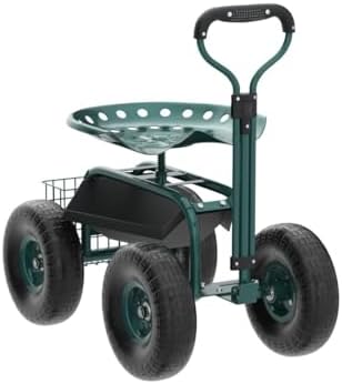 Steerable Garden Stool Cart with Tool Tray and Storage Basket on Wheels Rolling Work Seat Heavy Duty Scooter with Extendable Steer Handle Green