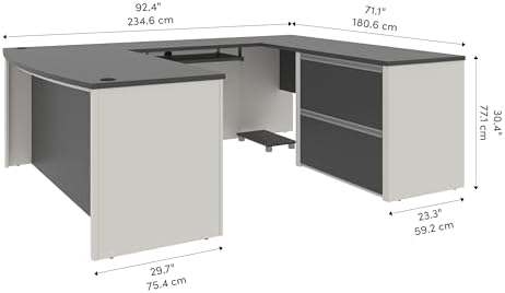 Bestar U-Shaped Executive Desk with Cabinet, Antigua/Black, Connexion, 72W