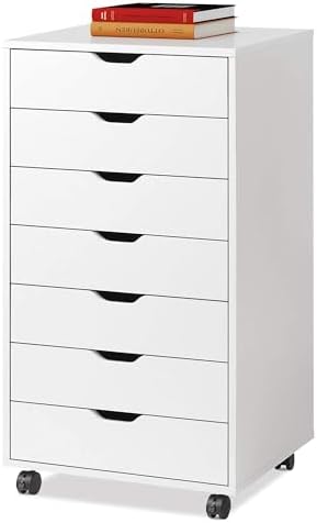 DEVAISE 7-Drawer Office File Cabinets, Mobile Craft Storage Cabinet, White | Wood Drawer Unit, Storage Cabinet, Rolling Cart, Printer Stand, Filing Cabinet with Drawers