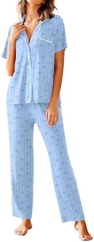 Avidlove Women Pajamas Set Notch Collar Soft Sleepwear Pjs Short Sleeve Button Down Nightwear with Long Pants
