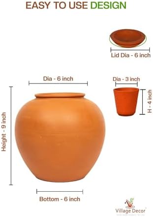 Village Decor Terracotta Water pot With Lid & Glass |Preseasoned Terracotta Mud(Capacity 6000 ml / 202 oz)