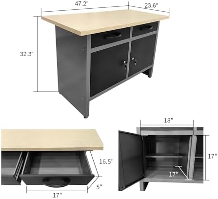 Storage Workbench System Set with Lockable Cabinet, Includes Metal Wall Cabinets Pegboards & Hooks, Wood Worktop for Garage Office Repair Shop