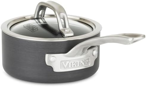 Viking Non Stick Sauce Pan with Glass Lid, 1 Quart Hard Anodized Nonstick Saucepan Cooking Pot, Dishwasher and Oven Safe, Induction Ready, Gray