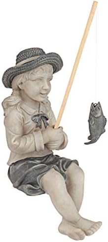 Design Toscano Frederic the Little Fisherman of Avignon Boy Fishing Garden Statue, 15 Inch Tall, Cast Stone Resin, Two Tone Stone Finish
