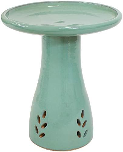 Sunnydaze Hand-Painted Ceramic Outdoor Bird Bath for Garden, 21” H, Seafoam