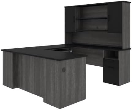 Bestar U or L Shaped Executive Desk with Hutch, Black & Gray, Norma, 71W
