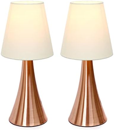 Simple Designs LT2014-WHT-2PK Valencia Brushed Nickel Mini Touch Table Lamps with Fabric Shades, White (Pack of 2)