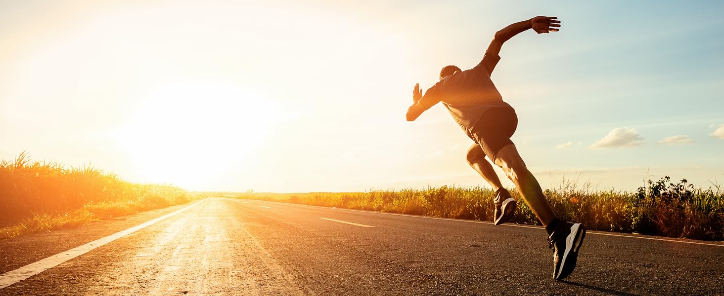 Whey Protein Isolate Endurance Man Running into the sunrise horizon