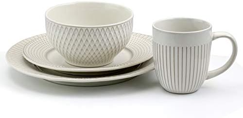 Elama Market Finds 16 Piece Round Stoneware Dinnerware Set in Embossed White