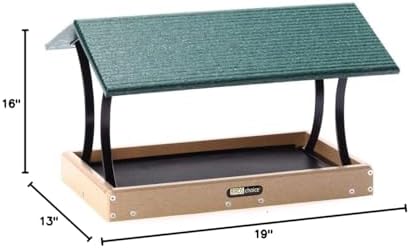 Birds Choice SNFT-300 Fly-Thru Feeder, Recycled Pole Mounted Bird Feeder, Large, Taupe/Green | Recycled Plastic Platform with Roof, Welcomes Cardinals, Jays and Other Wild Birds, 19in x 15.75in x 13in