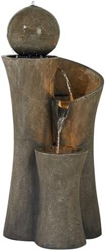 Modern Sphere Curve Cascading 39 1/2" Large LED Outdoor Indoor Fountain | Zen Decor Faux Stone Floor with Light Waterfall Water Feature for Outside
