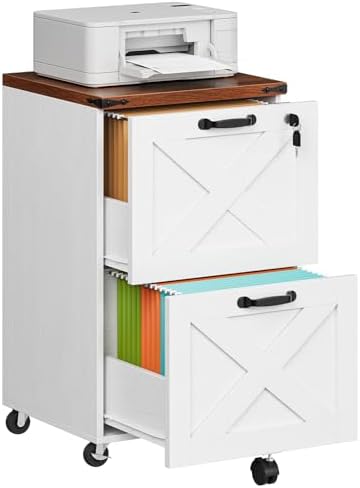 HOOBRO 3 Drawer File Cabinet with Lock, Mobile Filing Cabinet for Home Office, Wooden Farmhouse Office Storage Cabinet, Printer Stand Fits Letter and A4 Size, Walnut and White WH93WJ01G1